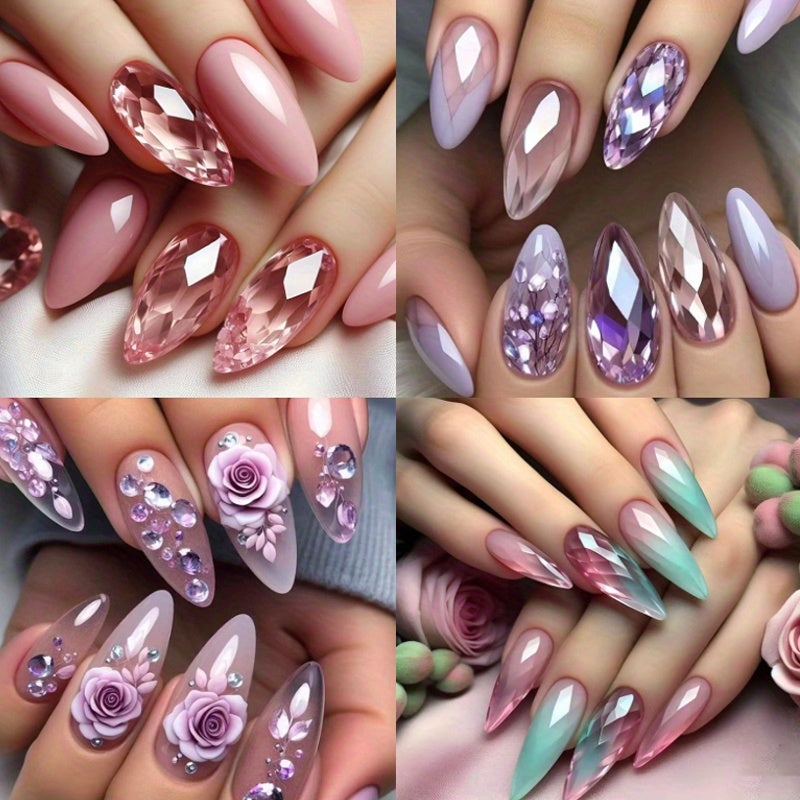 96PCS (4 PACK) Press in Almond Nail Set - Medium Length Purple and Pink Tones with Floral Patterns, Glossy Detachable Nail Tips, Suitable for Fashionable Autumn and Winter Styles